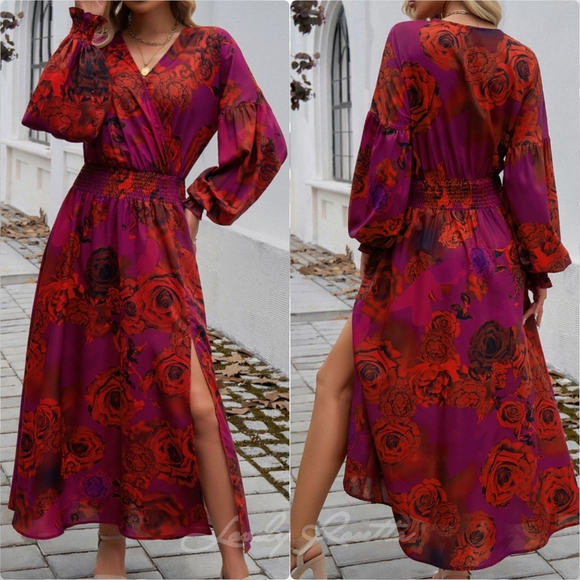 Chic Split Printed Surplice Midi Dress with Long Sleeves - Picture 5 of 5